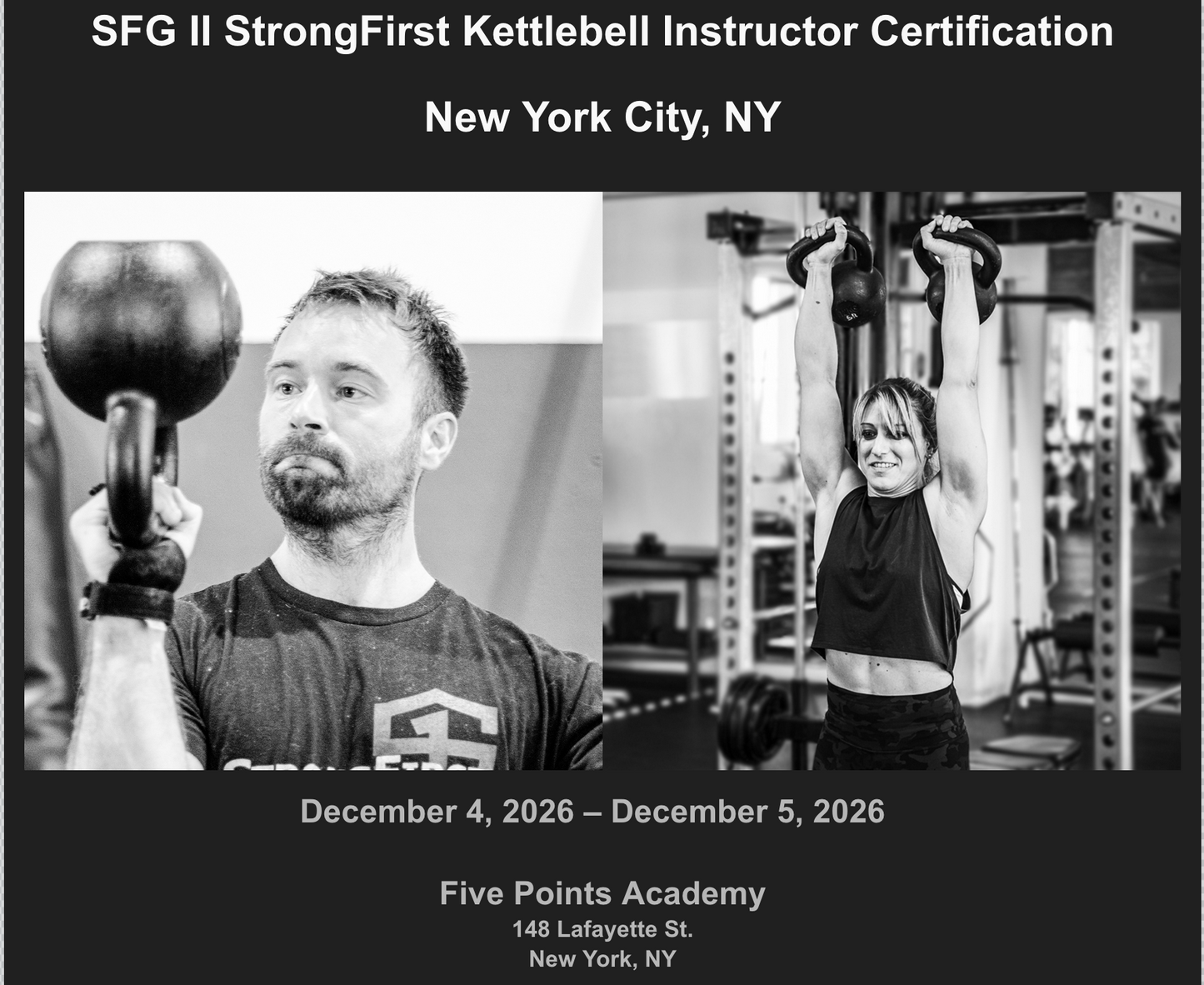 SFG II StrongFirst Kettlebell Instructor Certification - New York, NY December 4-5, 2026